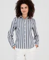Ak Anne Klein Petite Stripe Slim-fit Long-sleeve Shirt In Blue