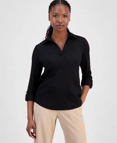 Ak Anne Klein Petite Textured Split-neck Top In Black