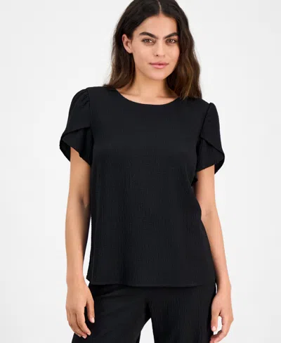 Ak Anne Klein Petite Tulip-sleeve Jewel-neck Top In Anne Black