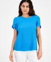 Ak Anne Klein Petite Tulip-sleeve Jewel-neck Top In Tropical Blue