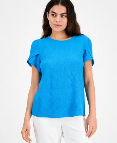Ak Anne Klein Petite Tulip-sleeve Jewel-neck Top In Tropical Blue