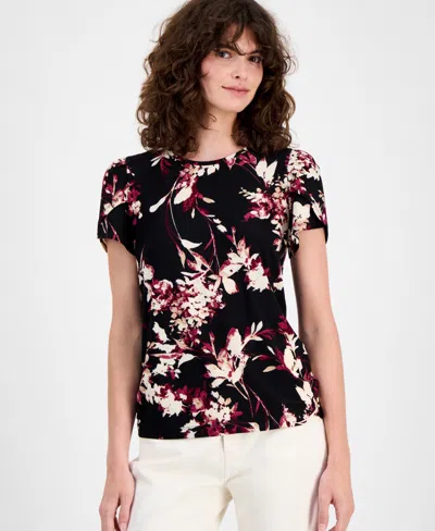 Ak Anne Klein Petite Tulip-sleeve Printed Knit Top