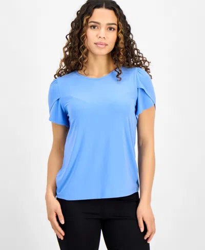Ak Anne Klein Petite Tulip-sleeve Scoop-neck Top In Marina