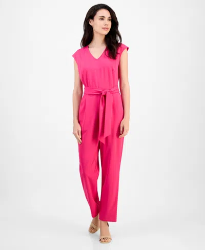 Ak Anne Klein Petite V-neck Belted Crepe Jumpsuit