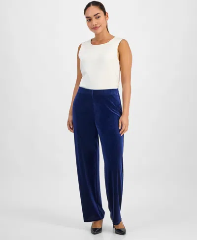 Ak Anne Klein Petite Velour Mid Rise Wide-leg Pants In Blue