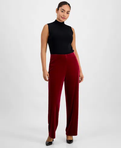 Ak Anne Klein Petite Velour Mid Rise Wide-leg Pants In Red