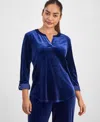 Ak Anne Klein Petite Velour Split-neck Top In Blue