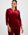 Ak Anne Klein Petite Velour Split-neck Top In Red