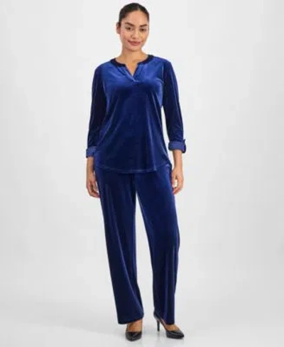 Ak Anne Klein Petite Velvet Top Wide Leg Velvet Pants In Blue