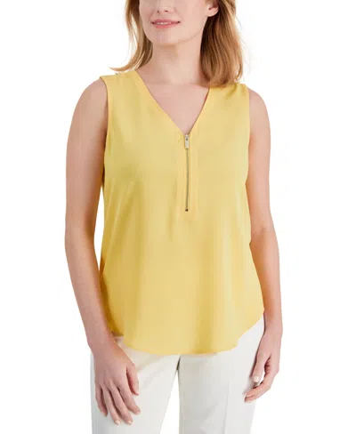 Ak Anne Klein Petite Zip Front V-neck Sleeveless Top In Golden Yellow