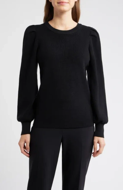 Ak Anne Klein Pleat Sleeve Crewneck Sweater In Black