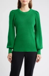 Ak Anne Klein Pleat Sleeve Crewneck Sweater In Green