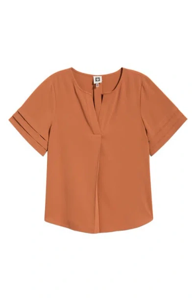 Ak Anne Klein Pleated Split Neck Top In Brown