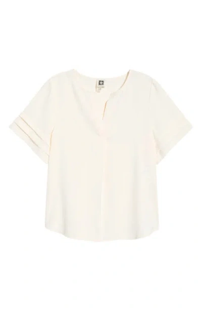 Ak Anne Klein Pleated Split Neck Top In White