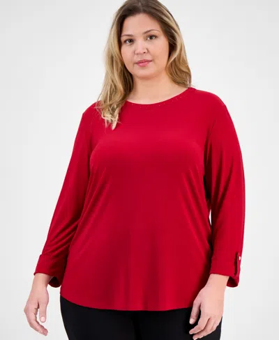 Ak Anne Klein Plus Size 3/4-sleeve Roll-tab Crewneck Top In Animal Print