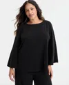 Ak Anne Klein Plus Size Bell-sleeve Knit Pullover Top In Black