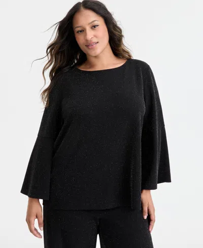 Ak Anne Klein Plus Size Bell-sleeve Knit Pullover Top In Black