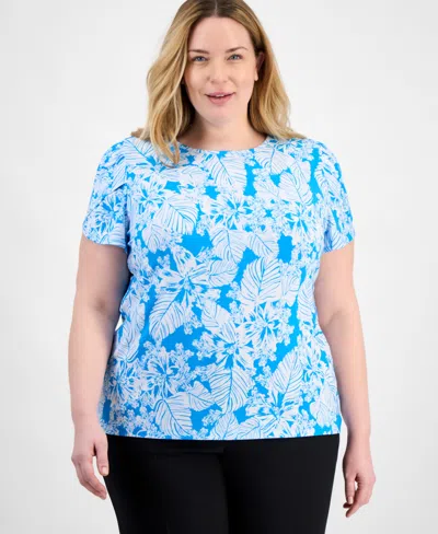 Ak Anne Klein Plus Size Botanical-print Top In Tropical Blue Multi