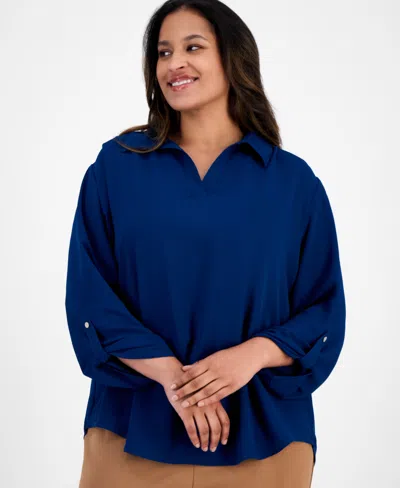 Ak Anne Klein Plus Size Collared V-neck Roll-tab-sleeves In Blue