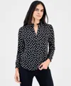 Ak Anne Klein Plus Size Dot-print Ruffe-neck Smocked-cuff Top In Multi