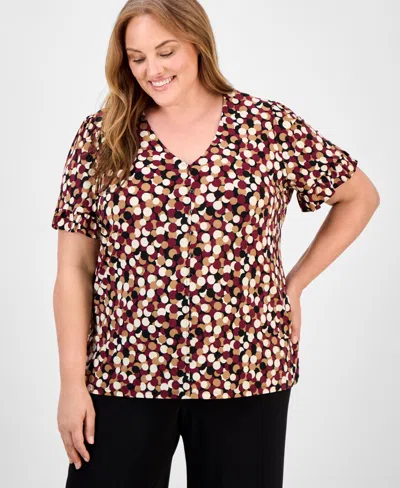 Ak Anne Klein Plus Size Dot-print Short-sleeve Button-up Top