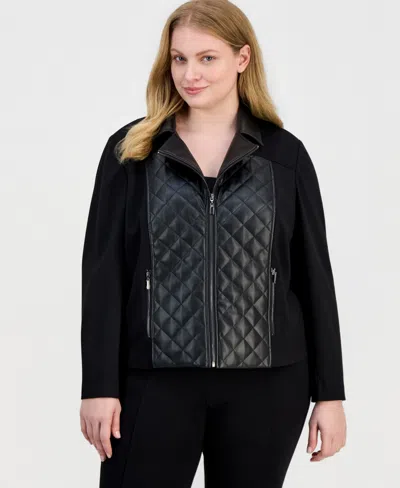Ak Anne Klein Plus Size Faux-leather Mixed-media Quilted-front Moto Jacket In Black