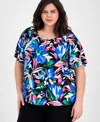Ak Anne Klein Plus Size Floral-print Short-sleeve Top In Anne Black Multi