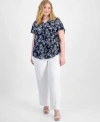 Ak Anne Klein Plus Size Floral-print Flutter-sleeve Top In Distant Mountain Mutli