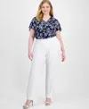 Ak Anne Klein Plus Size Floral-print Flutter-sleeve Top In Bright White