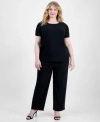 Ak Anne Klein Plus Size Ity Short Sleeve Gathered Tunic Solid Pull On Wide Leg Pants In Anne Black