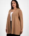 Ak Anne Klein Plus Size Kissing-front Side-slit Cardigan In Brown