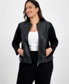 Ak Anne Klein Plus Size Mixed-media Zip-front Jacket In Black