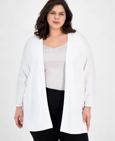 Ak Anne Klein Plus Size Open-front Long-sleeve Side-slit Cardigan In Bright White