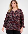 Ak Anne Klein Plus Size Printed 3/4-sleeve Keyhole Blouse In Brown