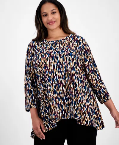 Ak Anne Klein Plus Size Printed Asymmetric-hem Tunic In Multi