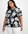 Ak Anne Klein Plus Size Printed Button-back Short-sleeve Top