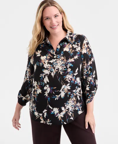 Ak Anne Klein Plus Size Printed Collared V-neck Blouse In Multi