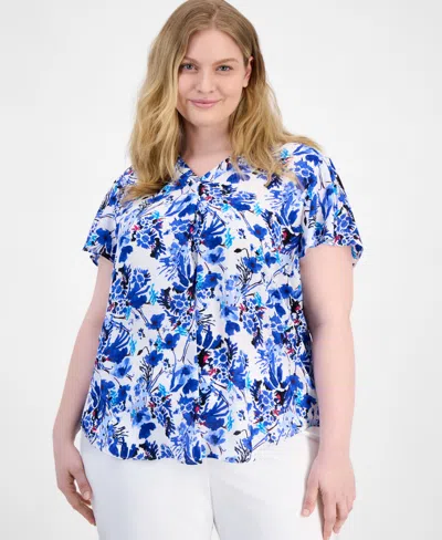 Ak Anne Klein Plus Size Printed Flutter-sleeve Top In Bright White Multi