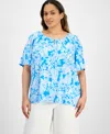 Ak Anne Klein Plus Size Printed Gathered Keyhole-neck Top In Tropical Blue,bright Wite