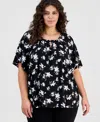 Ak Anne Klein Plus Size Printed Keyhole Top In Black