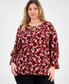 Ak Anne Klein Plus Size Printed Long-sleeve Keyhole Blouse In Red