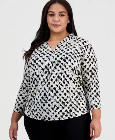 Ak Anne Klein Plus Size Printed Long-sleeve Top In Multi