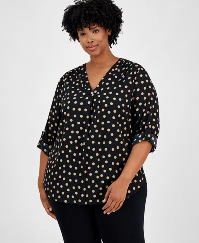Ak Anne Klein Plus Size Printed Roll-tab-sleeve Tunic In Anne Black,latte