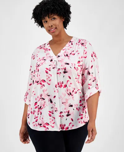Ak Anne Klein Plus Size Printed Roll-tab-sleeve Tunic In Anne White Multi