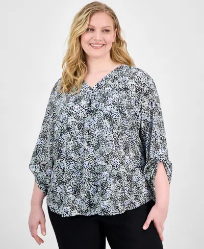 Ak Anne Klein Plus Size Printed Roll-tab-sleeve Tunic In Soft Aloe Multi
