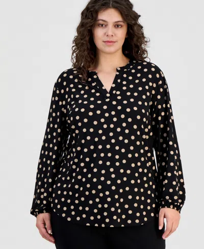 Ak Anne Klein Plus Size Printed Split-neck Top In Black