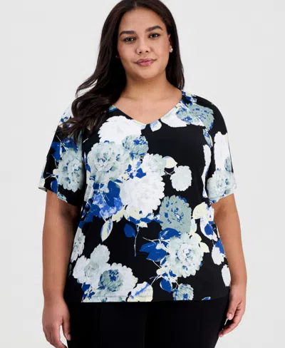 Ak Anne Klein Plus Size Printed V-neck Flutter-sleeve Top In Multi