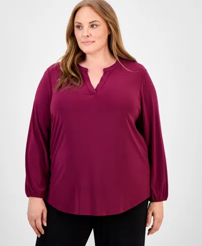 Ak Anne Klein Plus Size Puff-sleeve Top In Burgundy