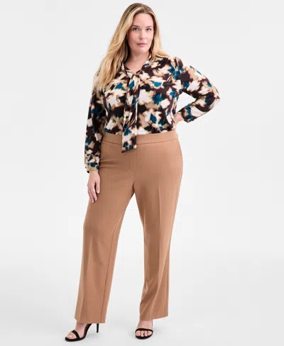 Ak Anne Klein Plus Size Pull-on Mid-rise Straight-leg Pants In Brown