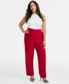 Ak Anne Klein Plus Size Pull-on Mid-rise Straight-leg Pants In Red